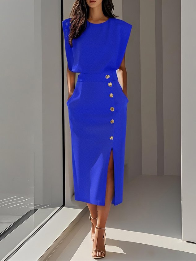 Vestido midi de cor sólida 2025