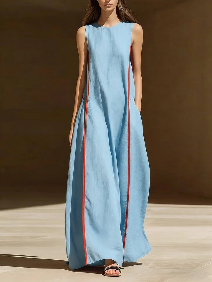Vestido casual de mulher, em algodão e linho, sem mangas, com gola redonda