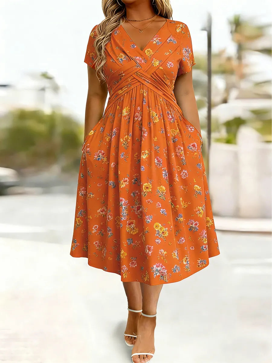 Vestido floral para mulher com decote em V e cintura