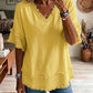 Blusa casual de linho misto com manga curta e bainha desfiada