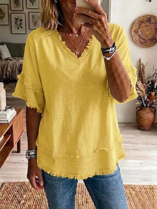 Blusa casual de linho misto com manga curta e bainha desfiada
