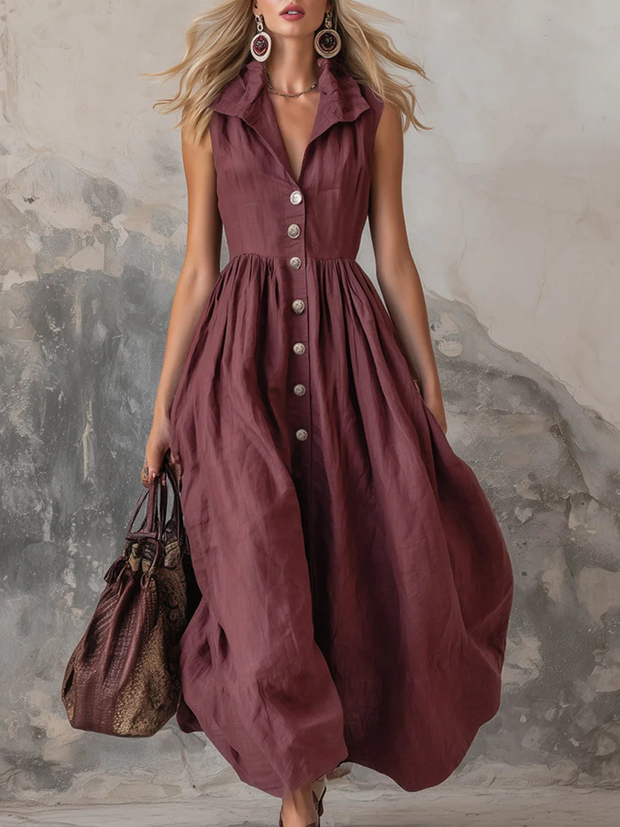 Vestido casual para mulher, minimalista, com gola e botões em algodão e linho.