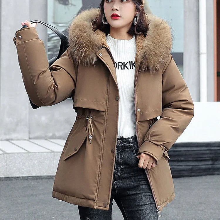 Parka de inverno para mulher, solta, com capuz, de lã sintética e espessada 🧥