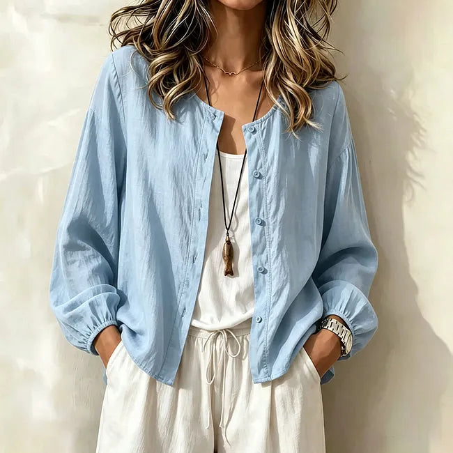 Camisa de senhora de algodão de cor única com botões