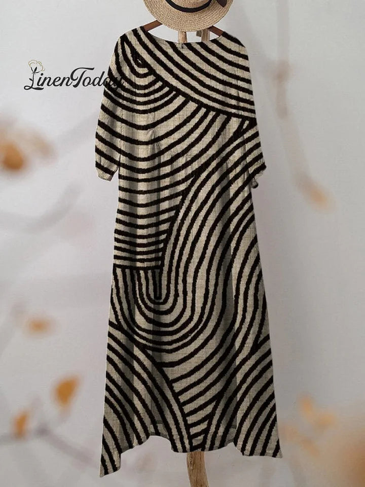 Vestido retro de algodão para mulher com estampado geométrico desenhado à mão e bolsos.