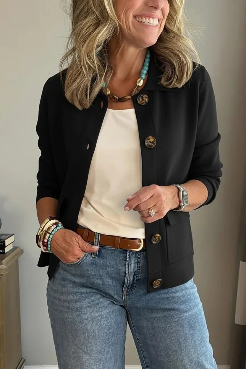 Novidades 🔥 Casaco casual de cor única com bolsos e lapelas