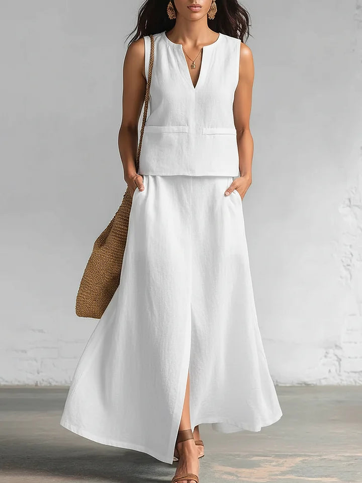 Conjunto minimalista e elegante de blusa e saia com decote em V
