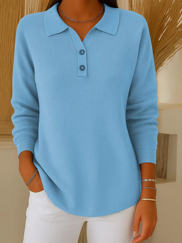 Camisola de mulher de cor sólida com mangas compridas e lapelas