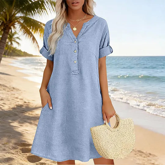 Vestido Túnica para Mulher com Decote em V – Modelagem Relaxada, Bolsos e Tecido Respirável
