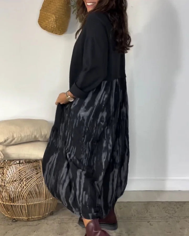 Vestido de gola redonda com estampado patchwork irregular