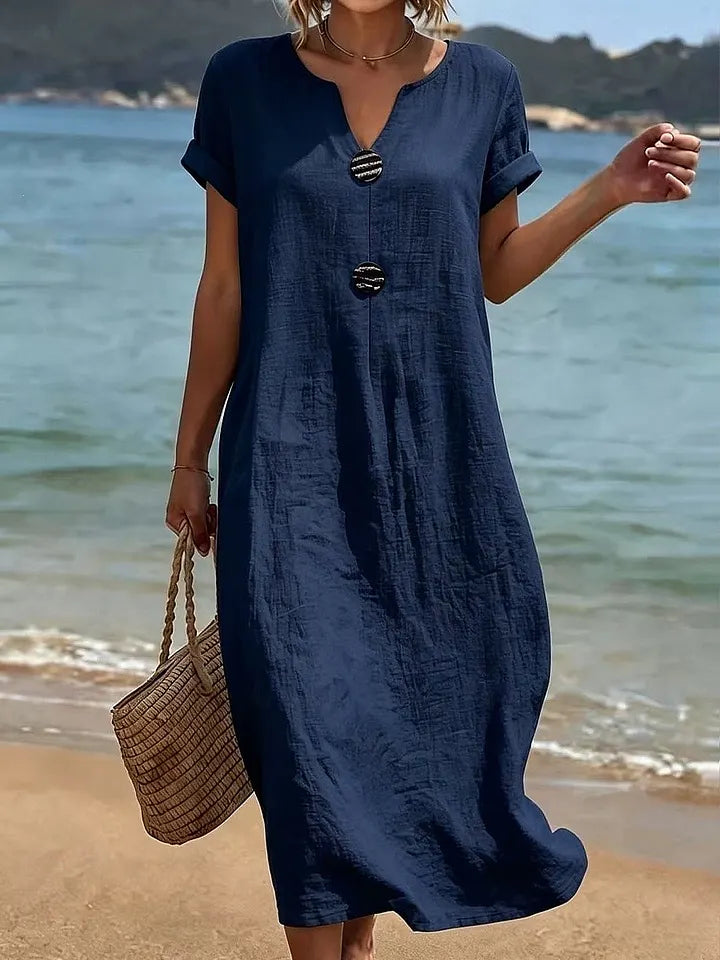 Vestido Casual de Mulher em Algodão e Linho em Cor Lisa