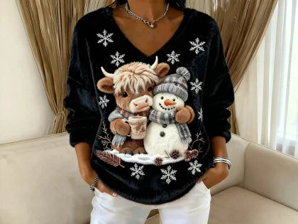 🔥Blusa de senhora com estampado animal e boneco de neve, decote em V