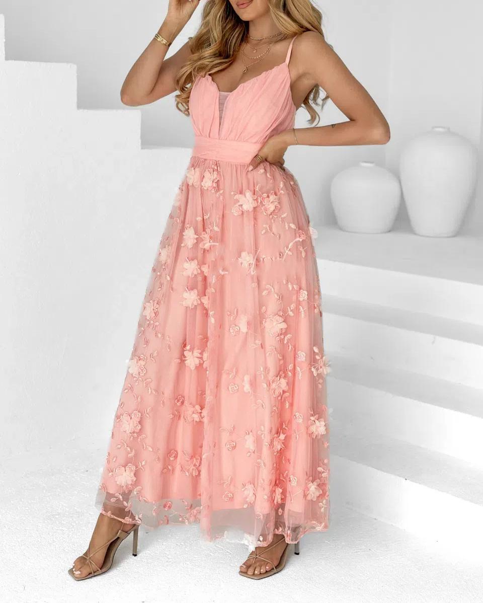 Vestido comprido de tule com alças finas
