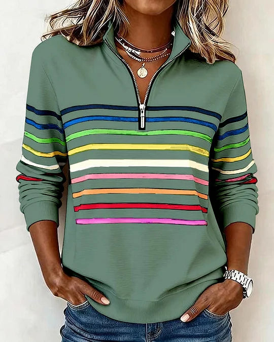 Sweatshirt moderna com gola de meio fecho e riscas arco-íris