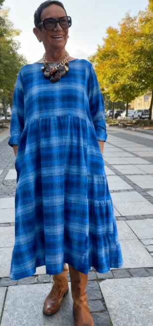 💥🔥👗【S-5XL】Vestido solto xadrez retro com manga a três quartos