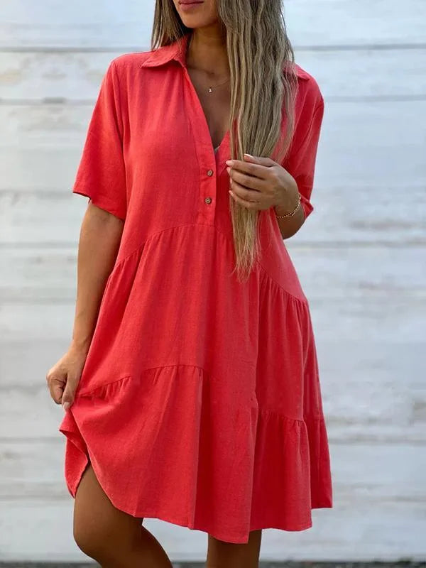Vestido de menina solto, simples e casual, de manga curta, feito de algodão e linho