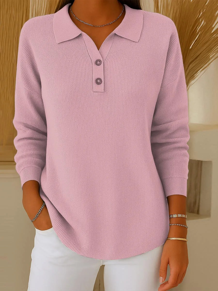 Camisola de mulher de cor sólida com mangas compridas e lapelas