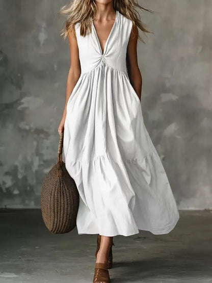 ✨Novidade – Vestido feminino com decote em V, pregas e bolsos – leve e arejado, perfeito para passeios na praia.