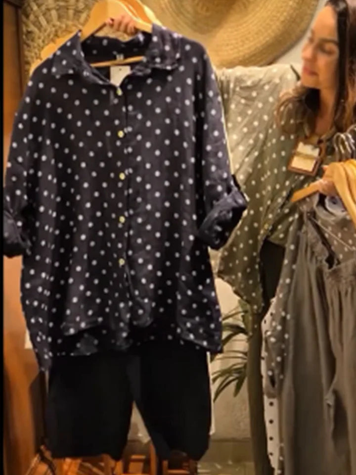 Conjunto casual de duas peças em linho e algodão com estampado de bolinhas