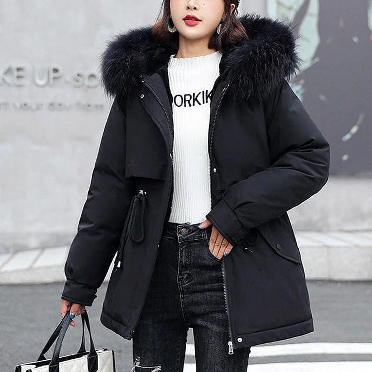 Parka de inverno para mulher, solta, com capuz, de lã sintética e espessada 🧥