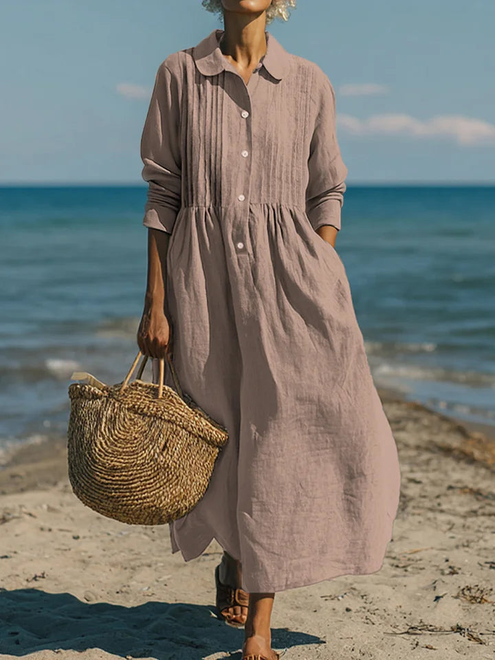 Vestido casual de mulher em linho e algodão com bolso plissado