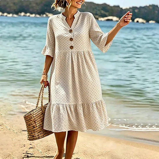🔥Vestido de algodão para mulher com estampado de bolinhas e folhos nos punhos