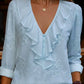 Blusa vintage com decote em V franzido e flores bordadas