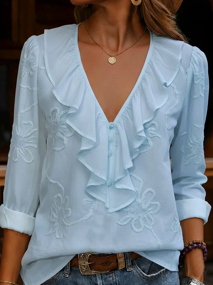 Blusa vintage com decote em V franzido e flores bordadas
