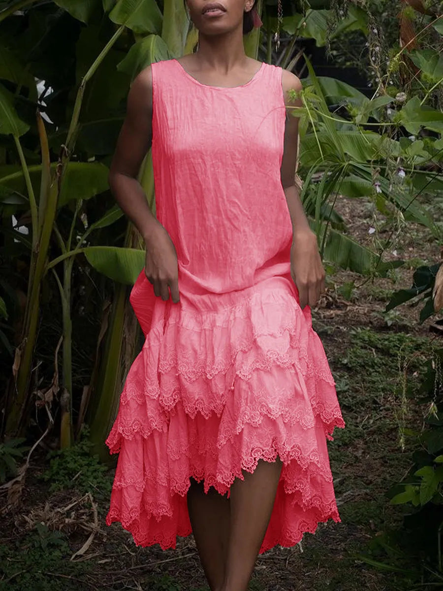 Vestido sem mangas de cor sólida com acabamento em renda