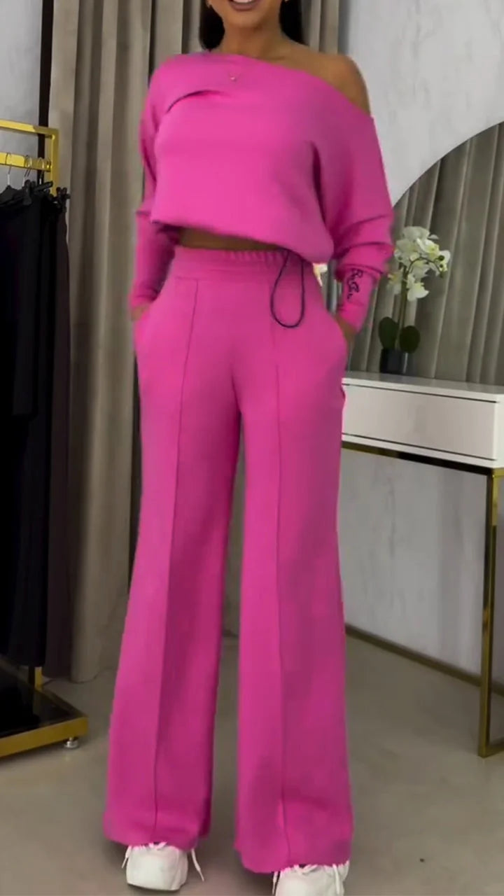 Conjunto de blusa ombro a ombro larga e calças casuais para menina