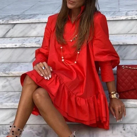Vestido camiseiro de cor sólida para mulher com mangas compridas