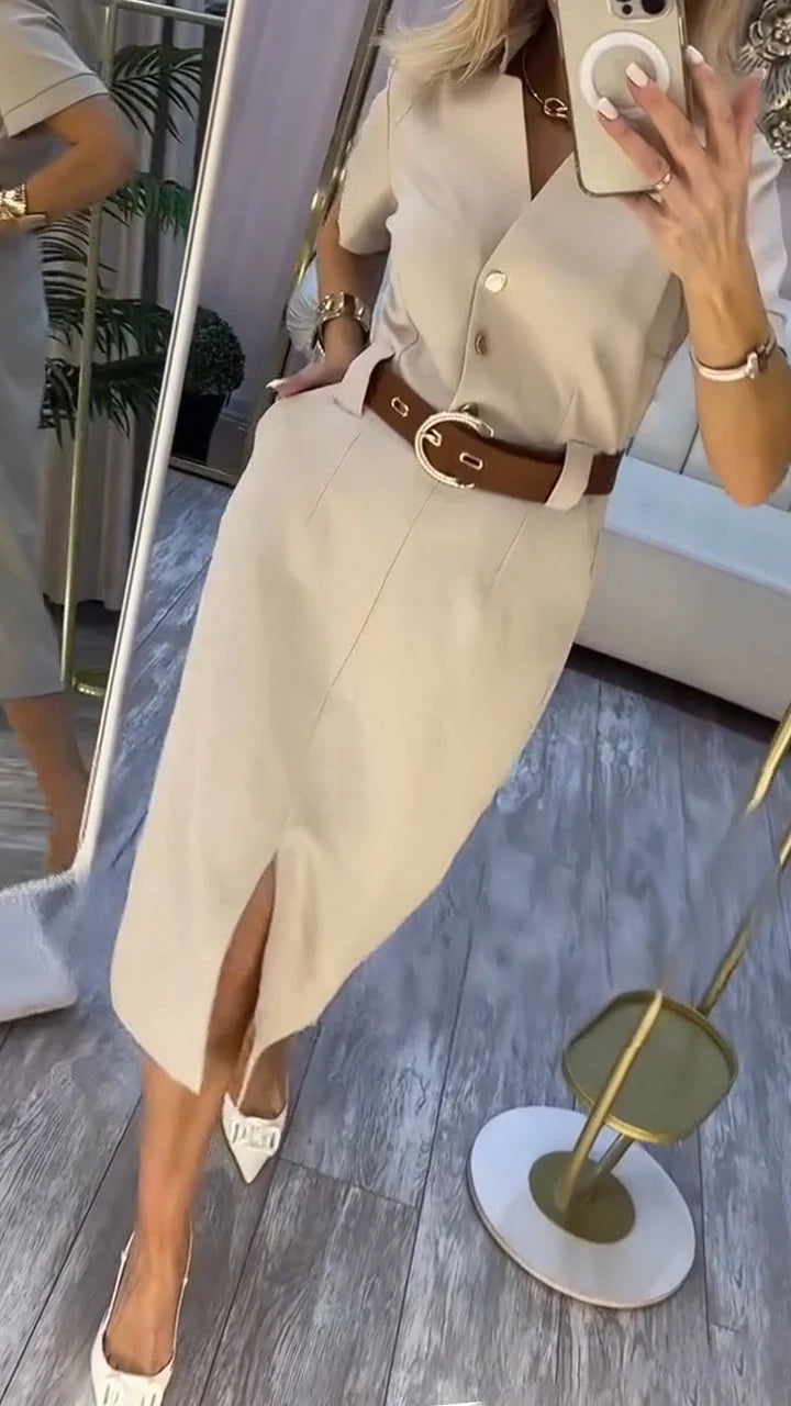 Vestido casual para mulher com racha na lapela