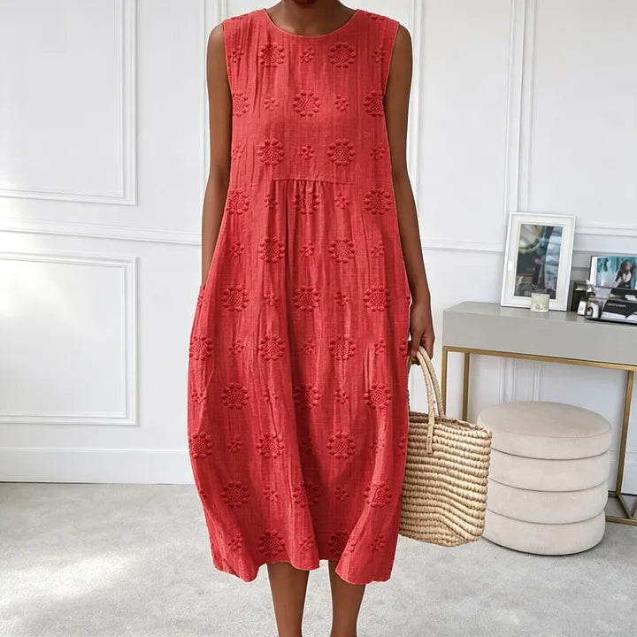 Vestido sem mangas com bordado floral (com bolsos)