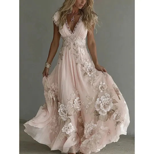 Elegante vestido de chiffon para mulher com renda bordada e decote em V profundo.