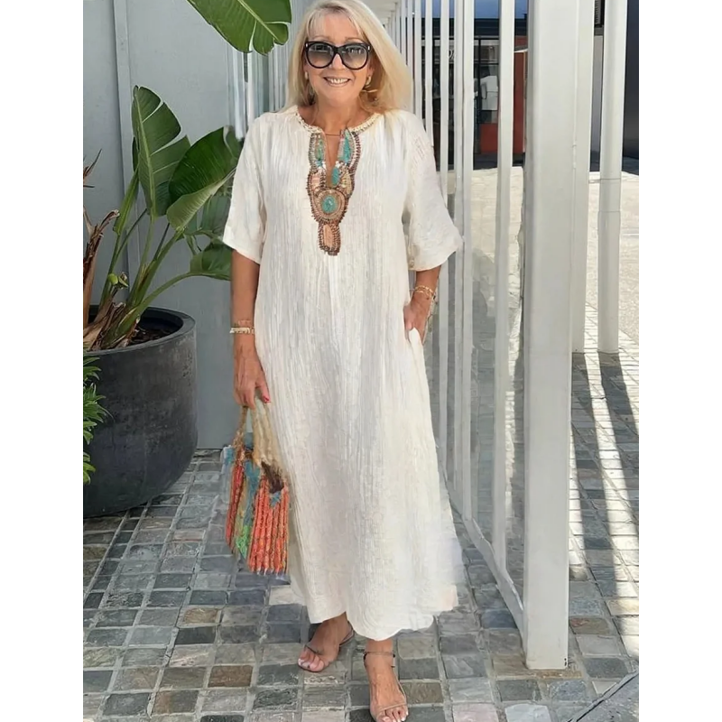 [S-4XL]🌿 Vestido largo bordado em algodão e linho