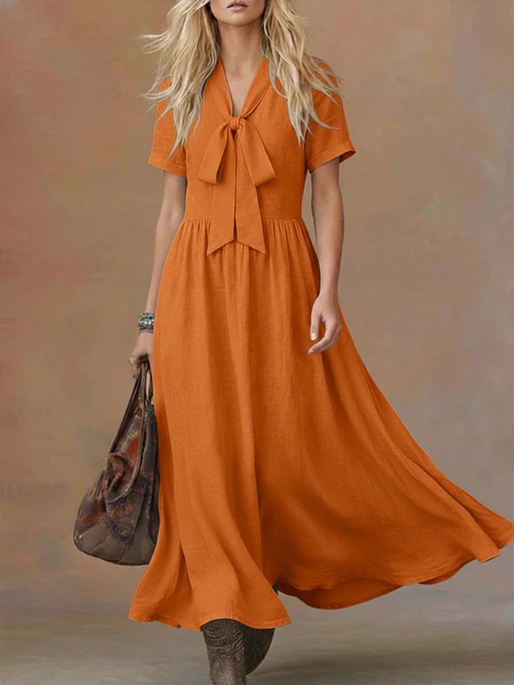 Vestido confortável em linho e algodão com atilhos na cintura
