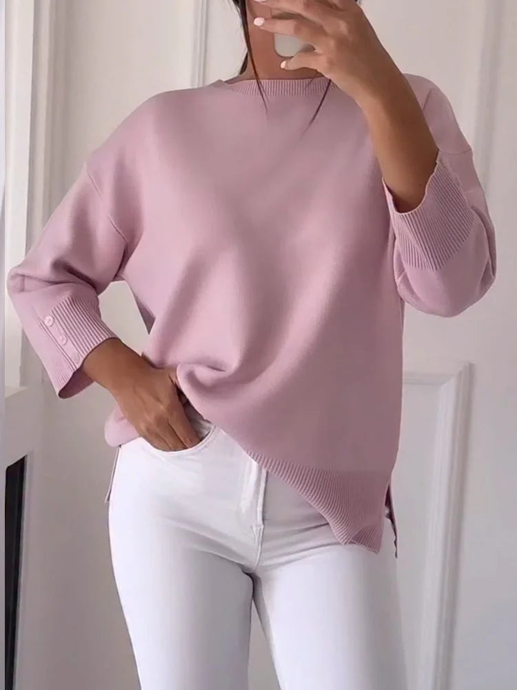Blusa de malha casual para mulher com gola redonda