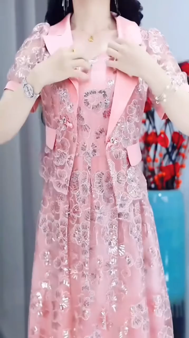 Conjunto de casaco de malha e vestido para mulher bordado com strass