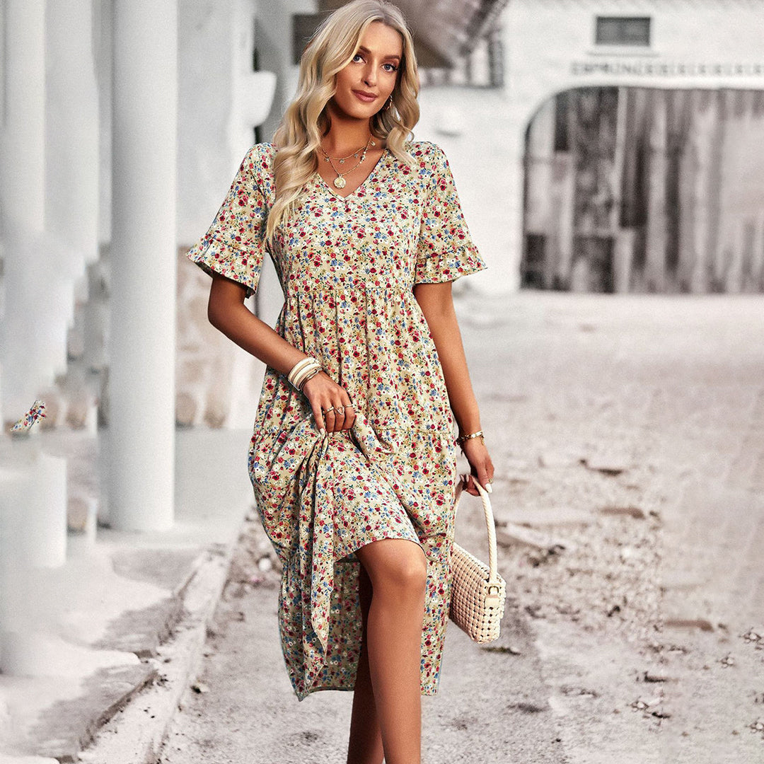 Vestido midi com decote em V para mulher