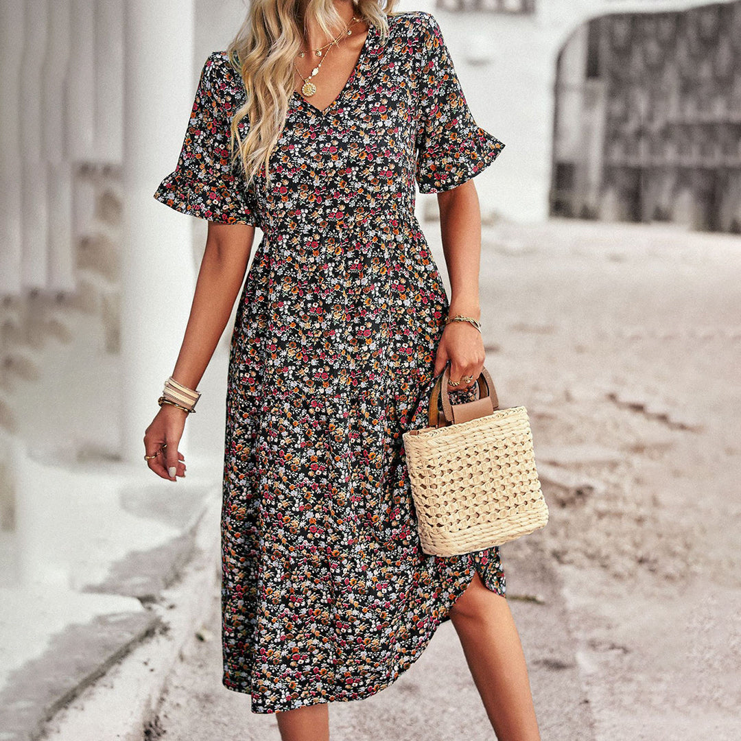 Vestido midi com decote em V para mulher
