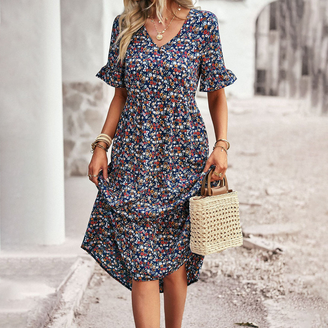 Vestido midi com decote em V para mulher
