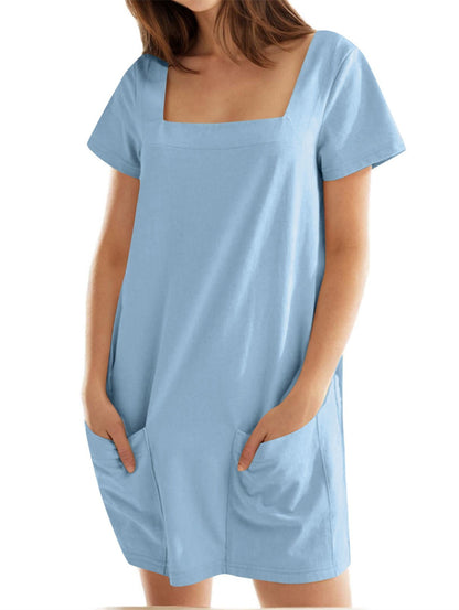 🔥🔥🔥🔥Vestido de senhora de cor sólida com decote quadrado e bolso