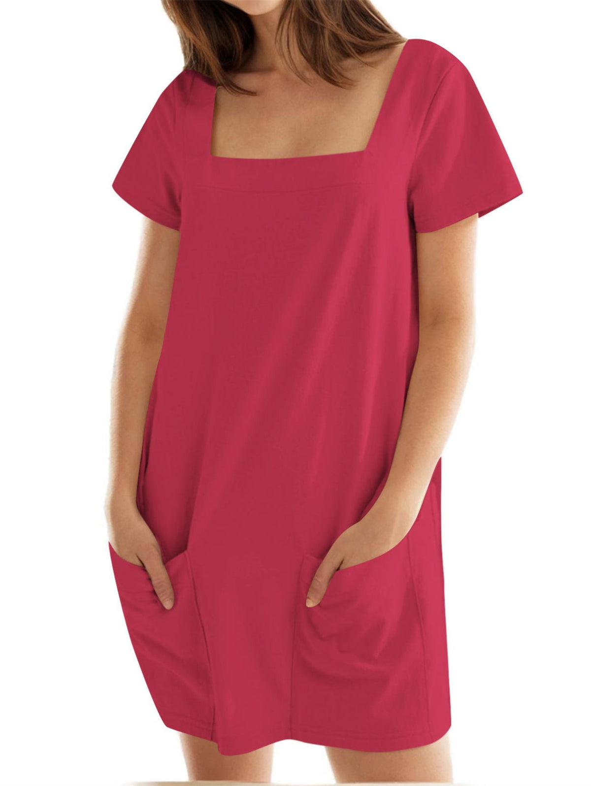 🔥🔥🔥🔥Vestido de senhora de cor sólida com decote quadrado e bolso