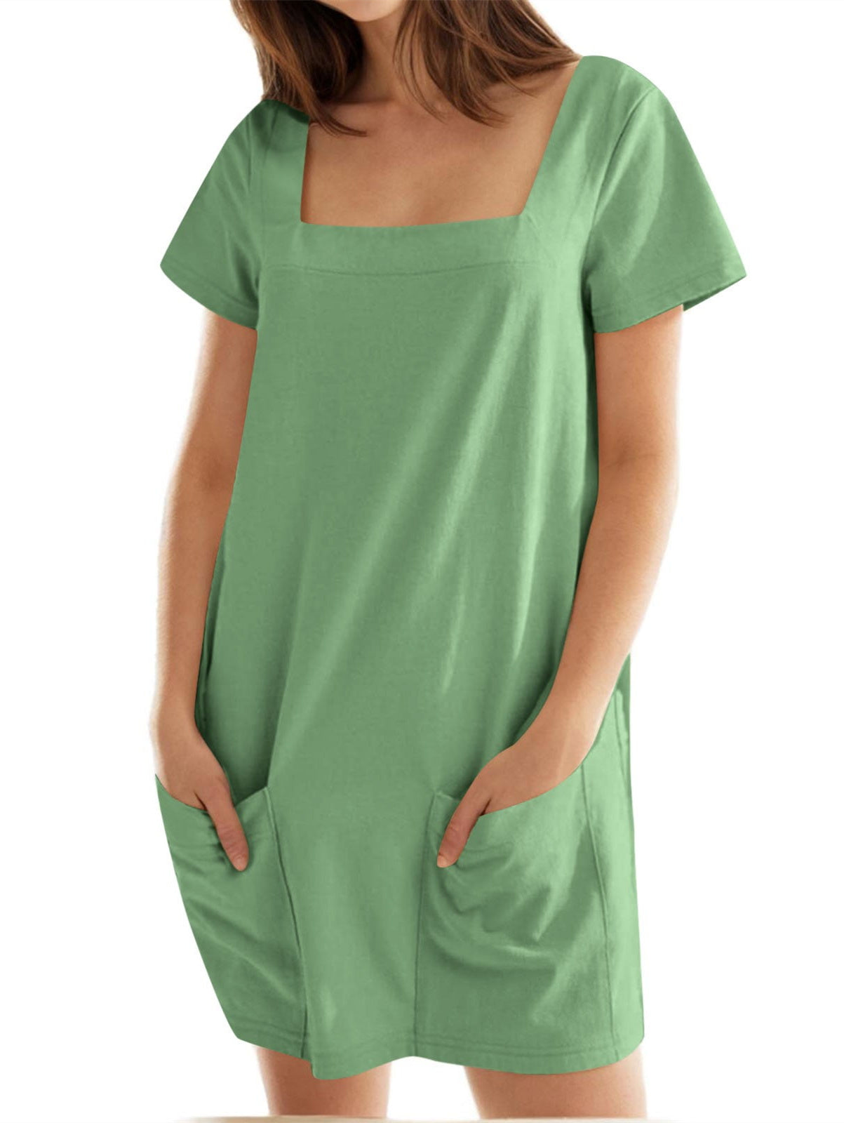 🔥🔥🔥🔥Vestido de senhora de cor sólida com decote quadrado e bolso