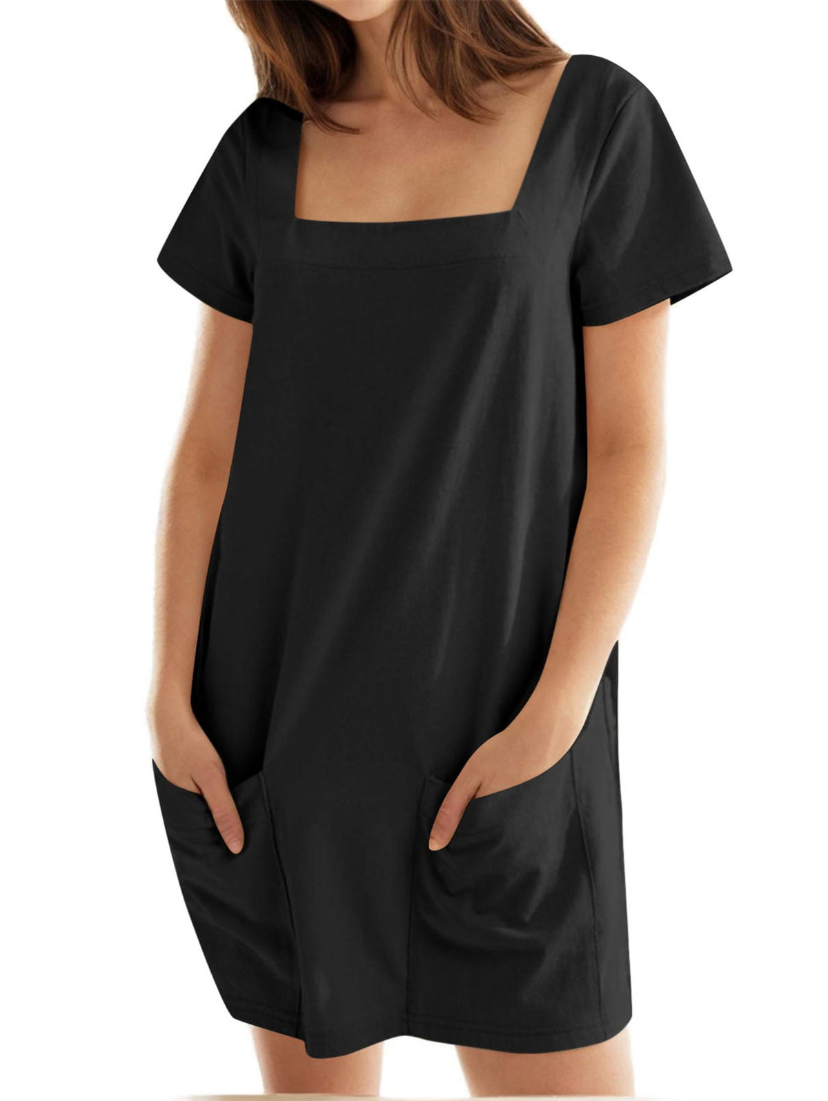 🔥🔥🔥🔥Vestido de senhora de cor sólida com decote quadrado e bolso