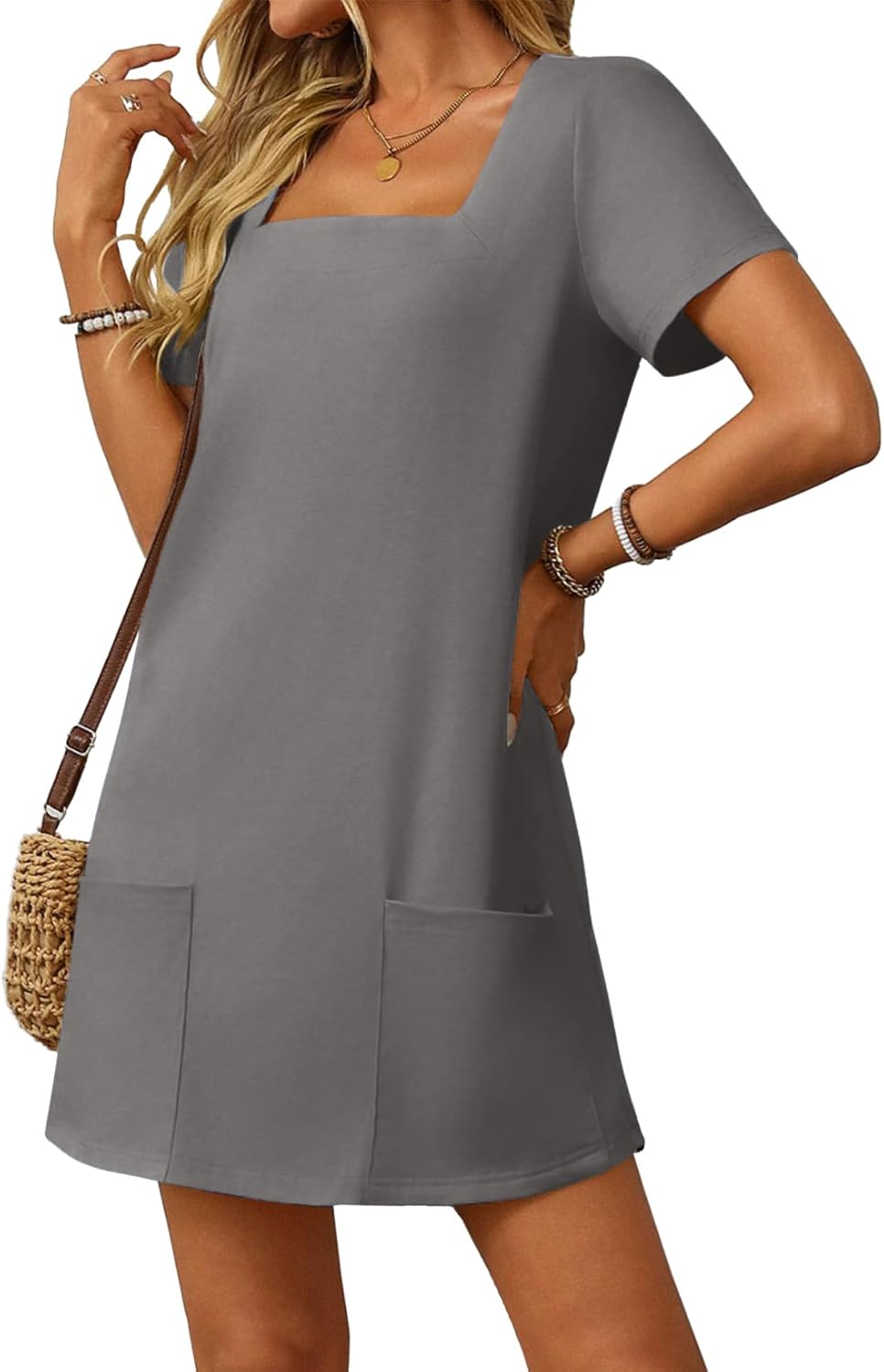 🔥🔥🔥🔥Vestido de senhora de cor sólida com decote quadrado e bolso