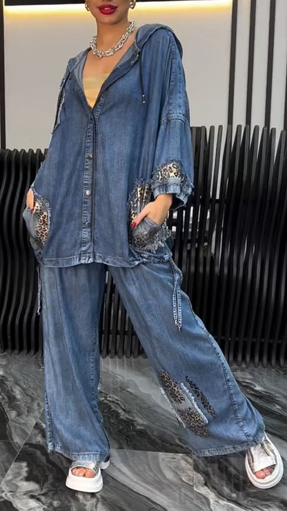 Fato casual de mulher jeans Tencel com estampado de leopardo e lapela prateada