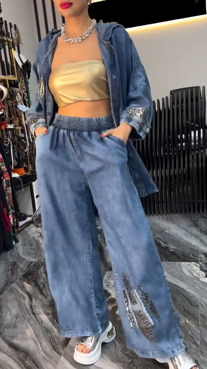 Fato casual de mulher jeans Tencel com estampado de leopardo e lapela prateada