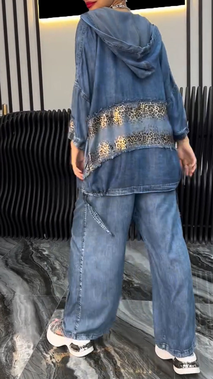 Fato casual de mulher jeans Tencel com estampado de leopardo e lapela prateada