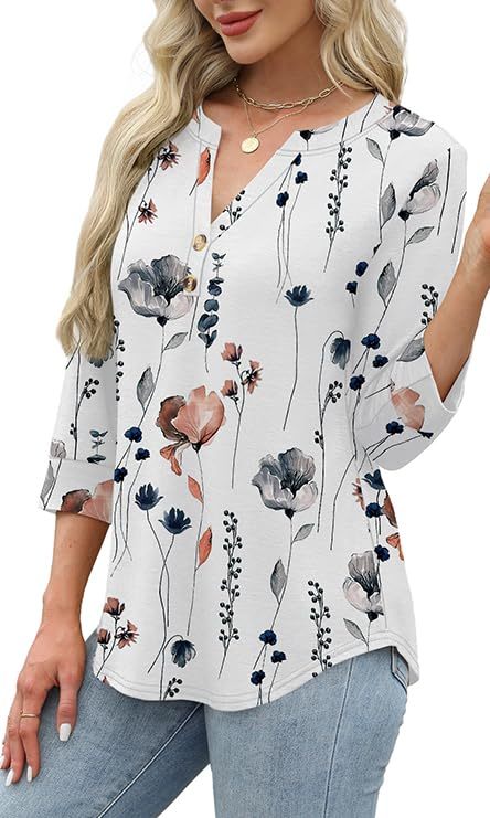 Novo top de mulher de manga 3/4 com decote em V e botões Heley 2025
